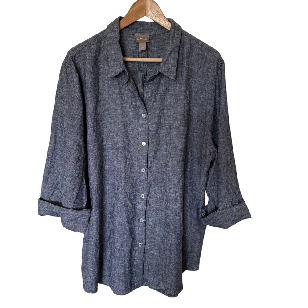 Chico's Button Down Shirt Women 4 Blue Excellent Linen Blend 3/4 Sleeve